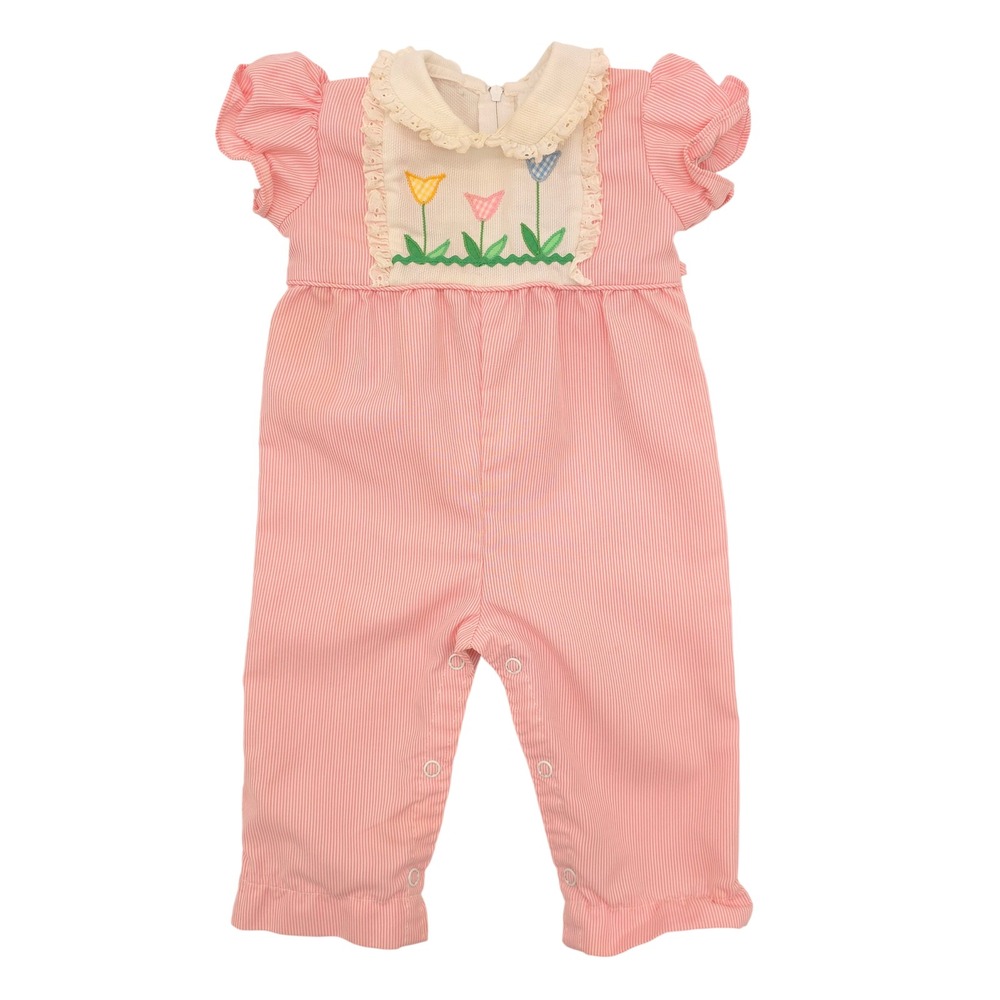 Vintage Romper Kids Pink Seersucker Floral Embroidered Ruffle 3M-6M
